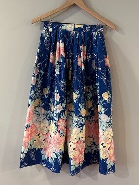Vintage Midi Skirt - Royal Blue with Pastel Flowers